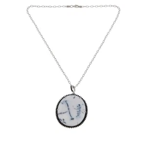 Womens White Oval Snow Agate & Black Spinel Sterling Silver Pendant Necklace - Picture 1 of 3