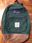 Vintage Jansport Leather Bottom Backpack Hiking Bag Made in USA Green Nylon