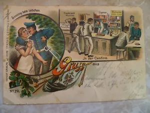 Militär Künstler AK Gruß aus Erfurt In der Kantine Soldatenleben, gelaufen 1908 - Bild 1 von 3