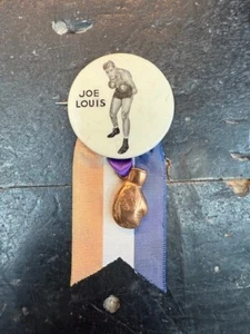 VINTAGE 1950s JOE LOUIS Pin w/Ribbon & Charm 1 1/2" - Picture 1 of 2