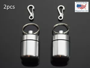 2 PCS Waterproof 1" Wide Pill Container Capsule Bottle Keychain & Clip - Silver - Picture 1 of 6