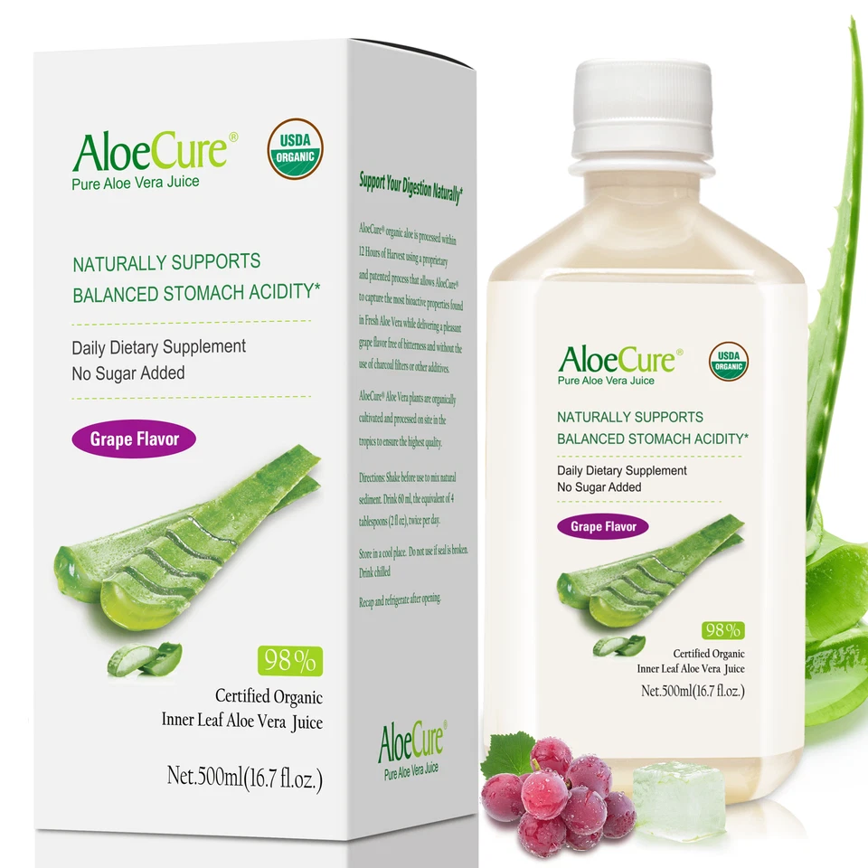ALOECURE Pure Aloe Vera Juice Grape Flavor - USDA Certified Organic