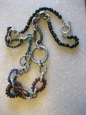 Divertido collar asimétrico de 36” con cuentas y eslabones de madera, vidrio, turquesa, estaño  Foto 1 de 4