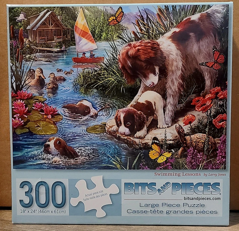 Bits and Pieces 300 Large Piece Jigsaw Puzzle Swimming Lessons Puppies Ducks