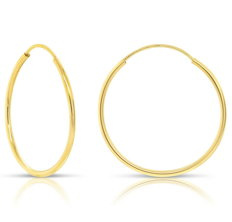 Pendientes de aro redondos sin fin de oro amarillo sólido real de 14K 1 mm tubo aros pendientes Foto 1 de 4