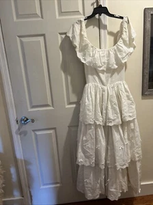 Vintage Tiered White Ruffle Eyelet Dress READ Prairie Belle Off Shoulder - Picture 1 of 8