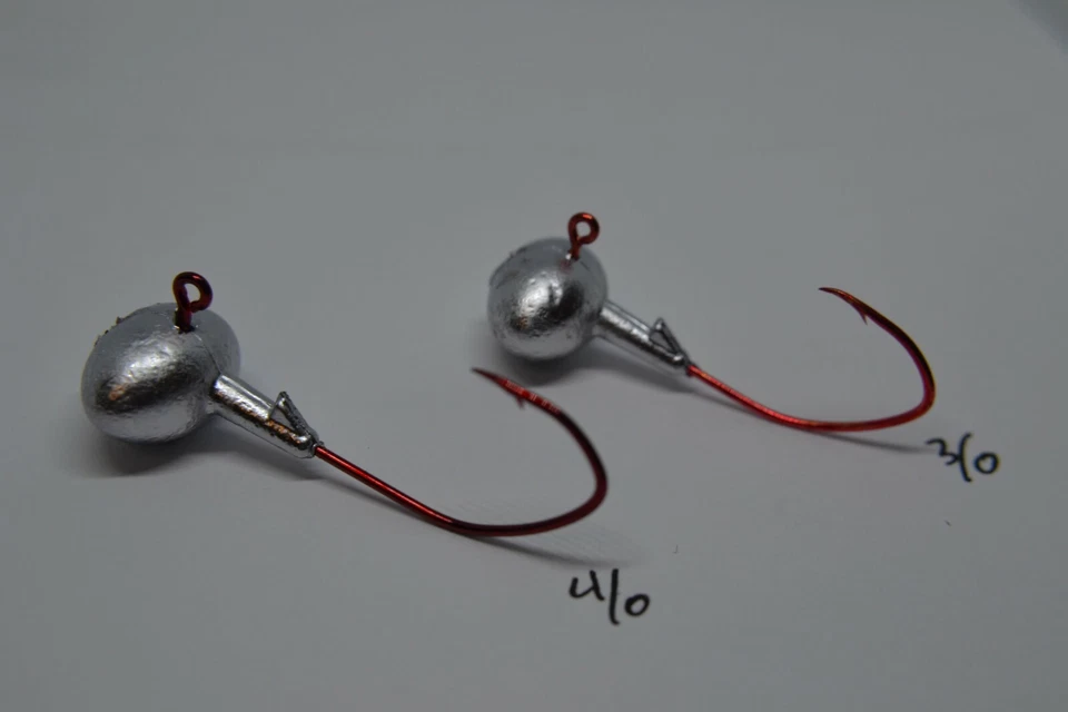 JASONS TACKLE 1/2 OZ FOOTBALL JIG HEAD 3/0 OR 4/0 RED SICKLE 25 PACK