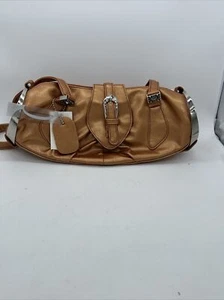 Bolso de hombro Maggie Q de cuero 9462 oro claro acentos metálicos plateados nuevo con etiquetas - Imagen 1 de 12