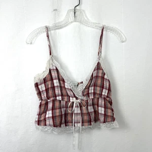 Canotta American Eagle Babydoll Cami donna taglia S rossa a quadri bianca bordo pizzo - Foto 1 di 11