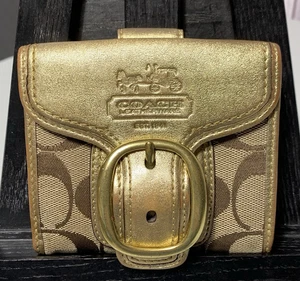 Coach Signature C Bleaker Metallic Gold Buckle Flap Small Mini Wallet Tattersall - Picture 1 of 24