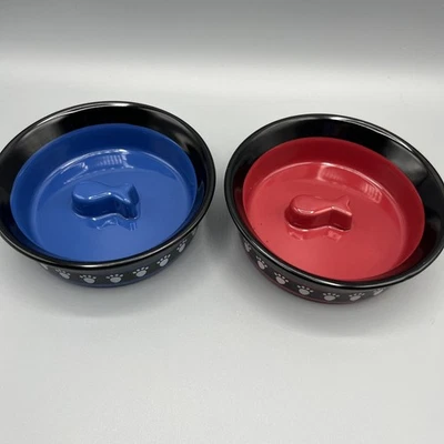 Doctors Foster and Smith 2 cuencos de gres para gatos peces en el medio rojo y azul Foto 1 de 4
