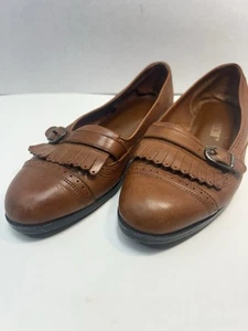 The Leather Collection Women’s Sz 8.5 Brown Leather Loafers Side Buckle Fringe - Picture 1 of 5