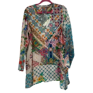 Tunica boho floreale multicolore Johnny Was grande stampa mista kimono rayon scollo a V - Foto 1 di 11