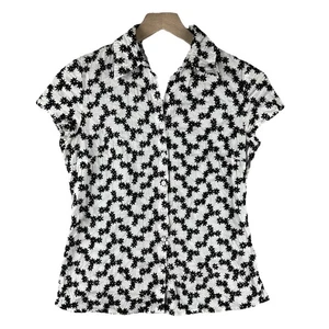 Liz & Co. Womens Top Small Short Sleeve Button Up White Black Embroidery Flowers - Picture 1 of 8