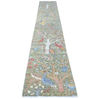 2'7"x15'1" Green Soft Wool Peshawar Birds Design Hand Knotted Runner Rug G20433 - Image 1 of 4