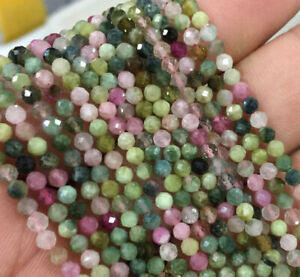 Natural 3mm Multi-Color Faceted Tourmaline Assorted Gems Round Loose Beads 15''