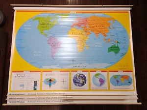 Vintage Rand McNally Pull Down 3 Maps Primary Political World USA AK/HI 58"x72" - Picture 1 of 9