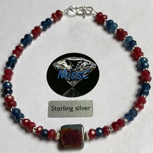 RUBY and KYANITE FACETED BEADED 925 STERLING SILVER BRACELET, STAMPED 925 - Picture 1 of 5