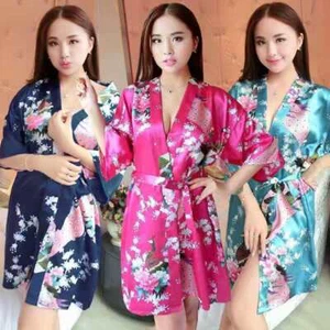 Chinese Traditional Summer Short Robe Women Ice Silk Bathrobe Japanese Nightgown - Picture 1 of 13