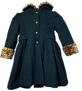 Rothschild Wool Peacoat Girl 4T Green Leopard Faux Fur Collar A-Line Coat Button - Picture 1 of 19
