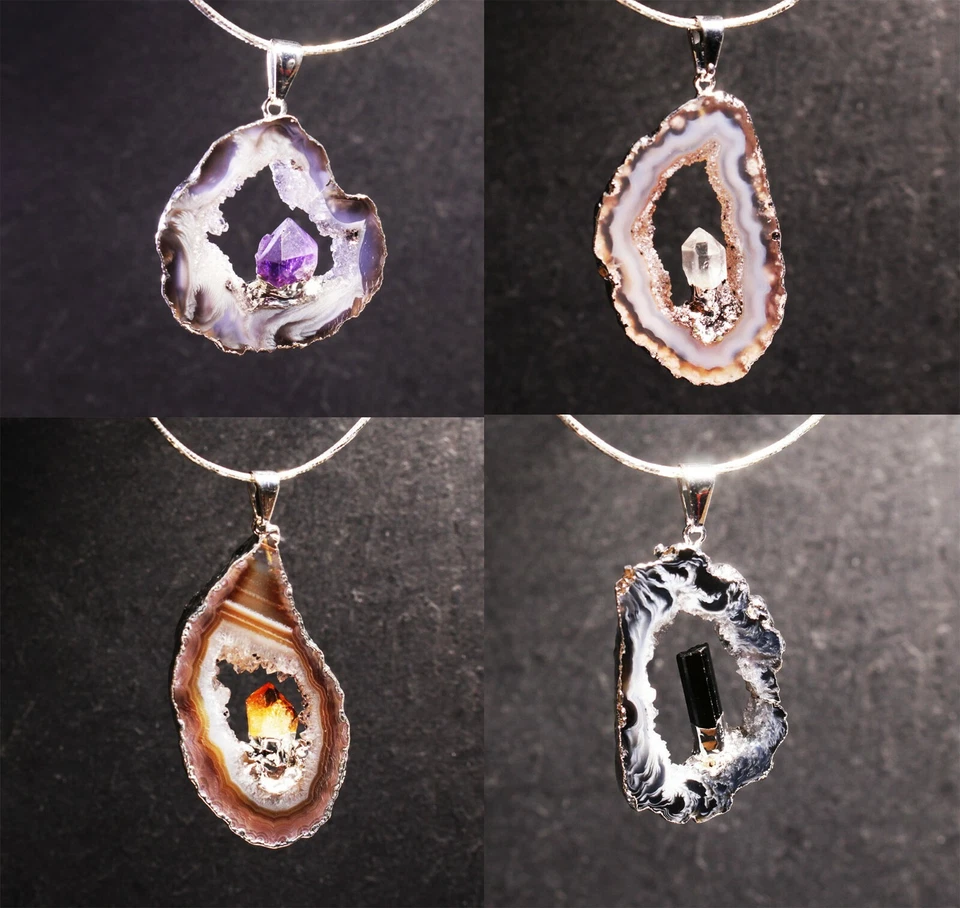 Achat Anhänger Druse Geode mit Turmalin Amethyst Citrin Bergkristall versilbert - Bild 1 von 1
