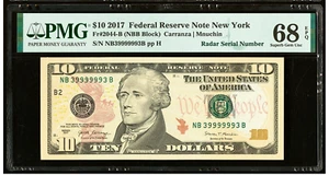 2017 $10 FRN Fancy Radar Serial Number 39999993 PMG GEM 68 EPQ - Picture 1 of 2