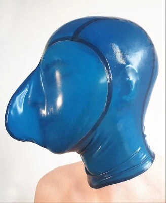 211 Transparent Blue  Latex Hood Mask Breath Play NO HOLE NO ZIP NECK ENTRY - Image 1 of 2