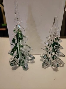 2 VTG Clear Green Ribboned Crystal Art Glass Christmas Trees 8.25" & 6.5" - Picture 1 of 15