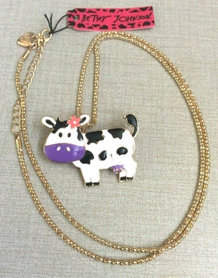 Betsey Johnson Esmalte Blanco y Negro Vaca Colgante / Broche en Collar Largo 28"! Foto 1 de 3