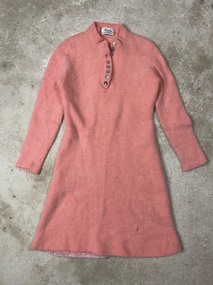 Vintage 60s Lambswool Sweater Dress Size 13 Pink Sleep Dress Haymaker Button M - Image 1 of 4