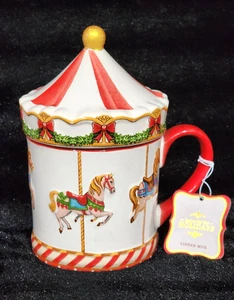 Christmas Carousel Coffee Mug w Lid Horses Merry Go Round Big Top Bow Garland 7" - Picture 1 of 7