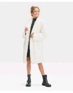 Girls' Long Faux Fur Jacket - Art Class Size M -8 IVORY - Picture 1 of 4