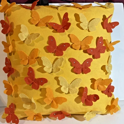 Yellow Butterfly Pillow 17” Handmade Rustic Orange Sequins Cloth Cheerful Gift - Image 1 of 4