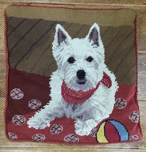 Hand Done Needlepoint Terrier Dog Pillow Cover 14X14 - Picture 1 of 9