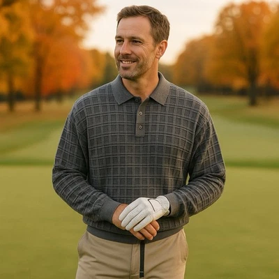 Suéter Polo de Golf St Croix Shop Para Hombres Grande Gris Negro Cuello Texturizado Hecho en EE. UU. Foto 1 de 4