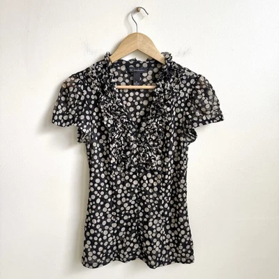 Camicetta a pois con volant scollo a V e bottoni nera beige maglia top M Y2K Coquette - Immagine 1 di 4