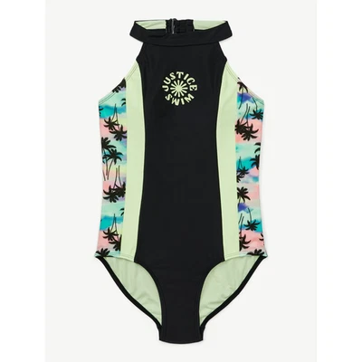 Traje de baño tropical JUSTICE para niñas 1 pieza halter negro verde muchas tallas NUEVO Foto 1 de 4