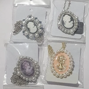 Vintage Inspired Simulated Pearl Cameo Pendant with Pendant or Brooch Tone - Picture 1 of 7