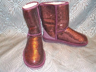 New Womens UGG Classic Short Sparkles Port Wine Sequin Sheepskin Boots - Image 1 of 4
