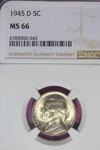 1945 D- NGC 5C MS66 JEFFERSON NICKEL #B44869 - Picture 1 of 2