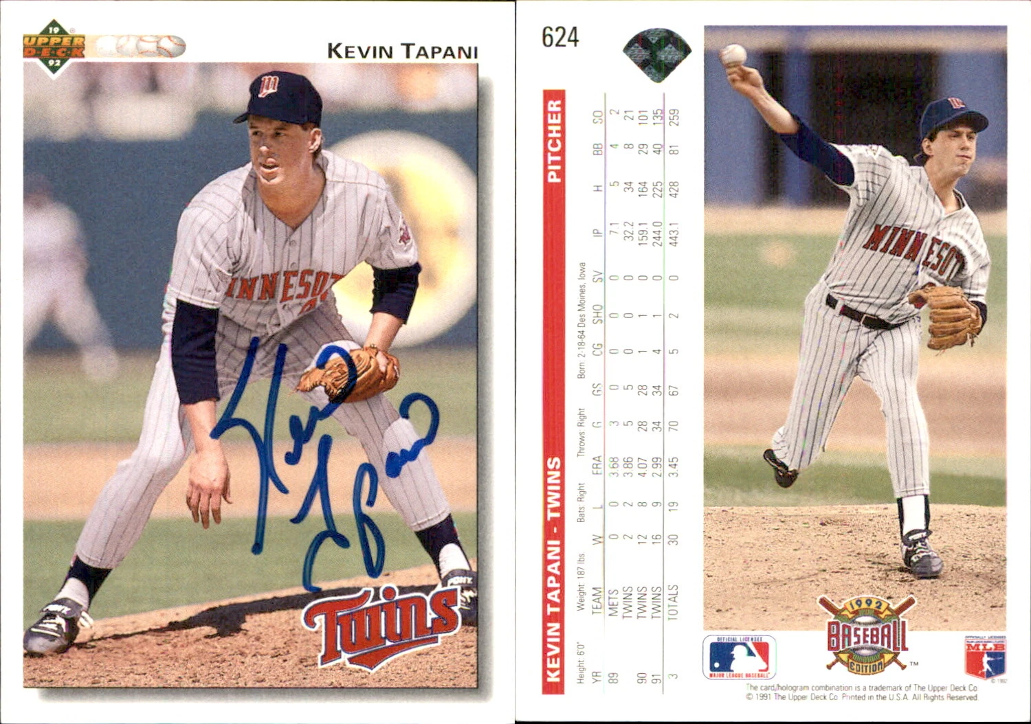 Kevin Tapani Signed 1992 Upper Deck #624 Card Minnesota Twins Auto AU