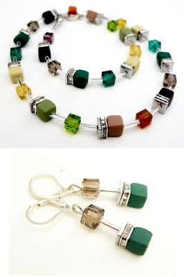 2er Schmuckset  Würfel Fimo Glas Edelstahl Strass beige braun oliv grün 121a - Bild 1 von 4