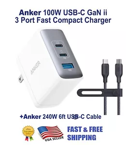 Anker 100W GaN Nano IIUSB-C Charger 3-Port, White, with 6ft Anker 240w cable - Picture 1 of 12