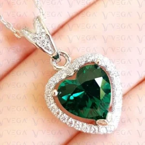 5.48ct Heart Cut Natural Emerald & Diamond Solid 14K White Gold Pendant No Chain - Picture 1 of 20
