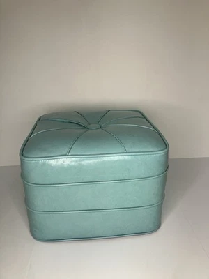 Mid-Century Hassock Foot Stool Ottoman Blue Vinyl ~18"x18"x13" ~ Needs Repair - Image 1 of 4