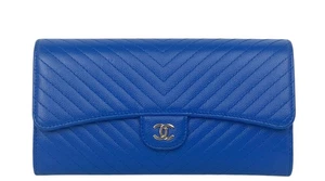 Chanel Blue Chevron Quilted Caviar Leather CC Classic Long Flap Wallet - Picture 1 of 10