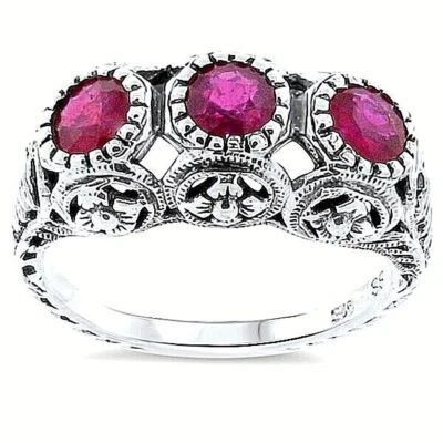 GENUINE STONES 925 STERLING SILVER THREE-STONE VICTORIA ANTIQUE STYLE RING 158X - Image 1 of 4