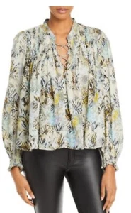 IRO Jeans Calli Women’s Smocked Pleated Printed Long Sleeve Tie Front Blouse - Picture 1 of 12