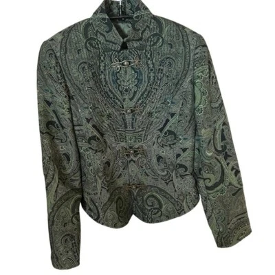 ELLEN TRACY Blazer Green Paisley Long sleeve Womens Size 2 Petite Silk Elegant - Image 1 of 4