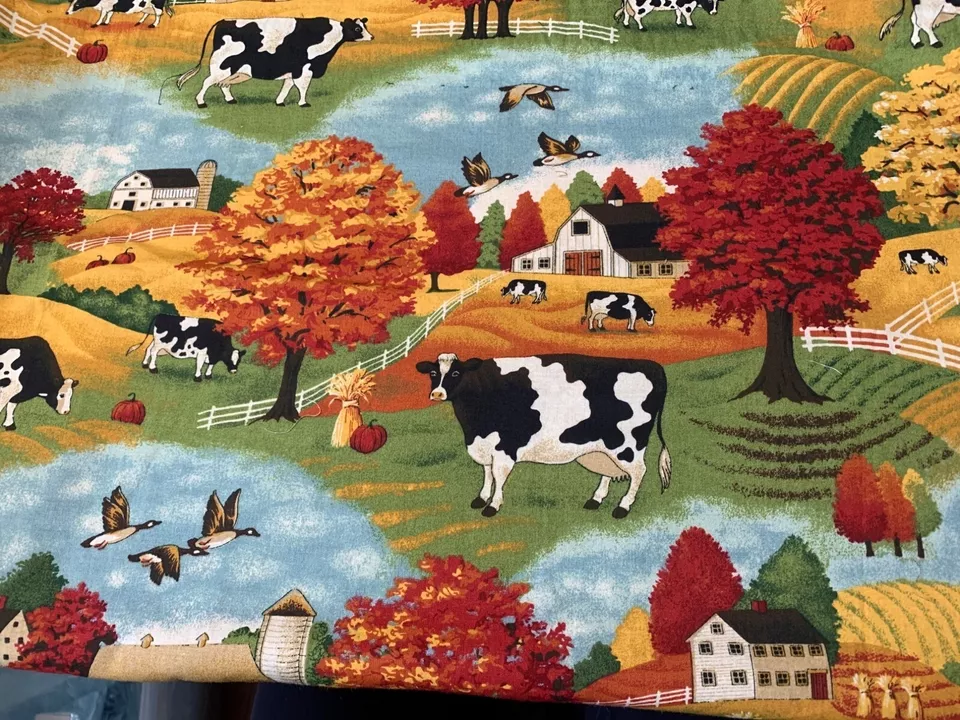 Farm-Themed Cotton Fabric Cow Barn Autumn Scenery 1 Yard 6" x 32"  Sewing  Craft - Image 1 of 2